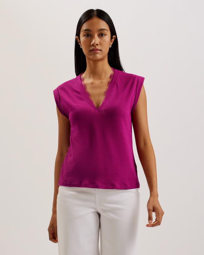 Gilet Ted Baker V-Neck With Lace Neckline Violette Femme | DUJ-75917514